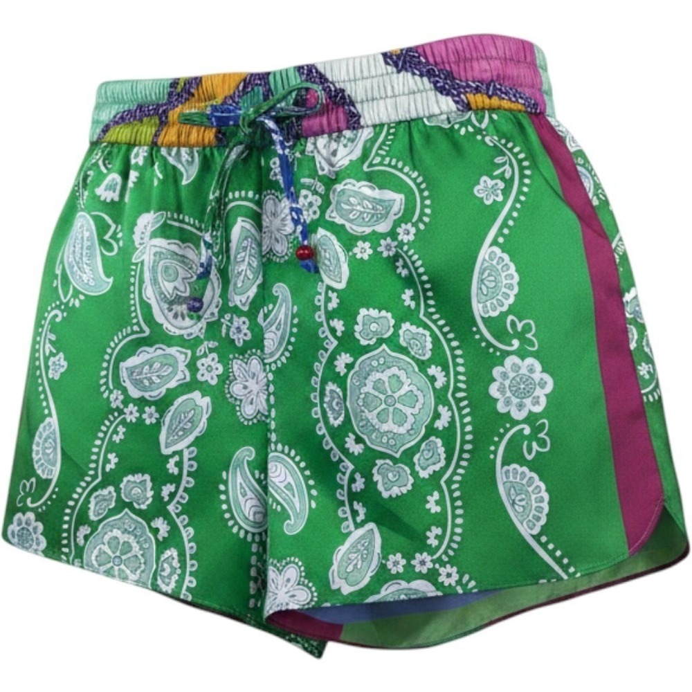 Zara‎ Women Green Paisley Patchwork Scarf Print Satin Shorts Medium Multi-Color